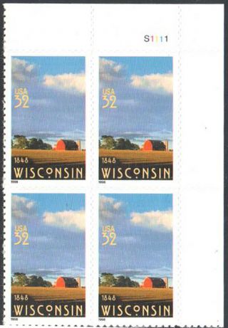 Sc 3206 - 32c Wisconsin Statehood Plate Block Of 4 Mnh P S1111 Ur