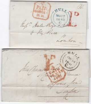 1841/3 Yorkshire 2 X Diff Red H/s 1d Uniform Penny Post Hull Letters To London
