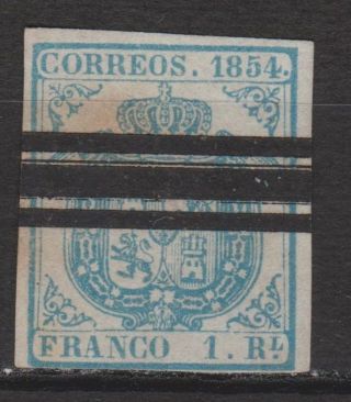 Spain 1853 Coat Of Arms.  1 Real Sky Blue.  Bars Cancelled.  180 €