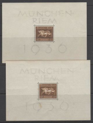 Germany 1936 Horse Race Sc B90 Four Souvenir Sheets Shades Mnh Scv$100.  00