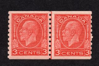 Canada 207 3 Cent Deep Red King George V Medallion Coil Line Pair Mnh