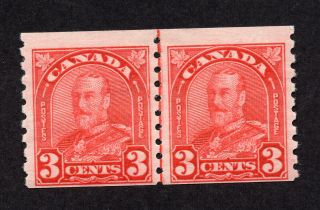 Canada 183 3 Cent Deep Red King George V Arch Issue Coil Line Pair Mnh