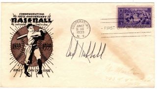 1939 Baseball Centennial Stamp Scott 855 On Wse Cachet W/carl Hubbell Auto