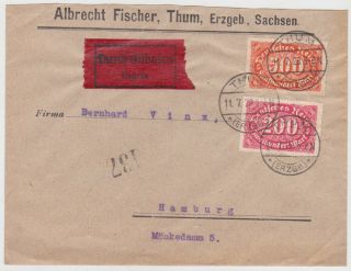 Germany Dr 1923 (11.  7. ) Inflat.  Express Cover Thum (erzgeb. ) To Hamburg (correct)