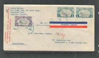 Costa Rica 1948 Registered Air Mail Cover To Usa