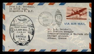 Dr Who 1947 Detroit Mi To Greece First Flight Fam 27 Air Mail Twa C127943