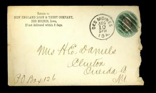 1888 England Loan Des Moines Iowa Clinton Star Cancel Postal Stationary A16