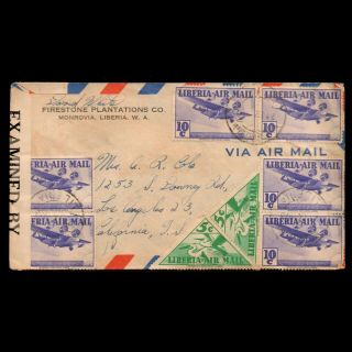 1939 Military Examined Liberia Air Mail Cover From Firestone Plantation To Usa