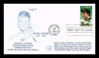 Dr Jim Stamps Us Mickey Mantel Baseball Legends Lou Gehrig Fdc Cover