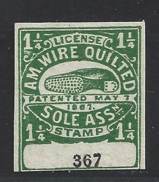License & Royalty Stamp A M Wire Quilted Sole Assn 1 1/4 Patented May 1 1867