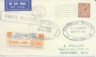 Great Britain 1933 Provincial Airways Croydon Plymouth Newport First Flight