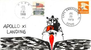 First Moon Landing 10c Stamp Hand Painted Fdc Cachet Sc C76,  Multiple Cancels