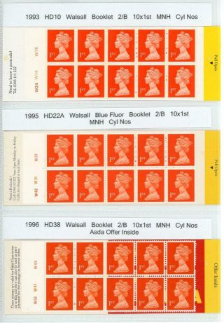 Gb 1993 - 96 Three Walsall 1st Class X 10,  Cylinder Booklets Fv £21.  00