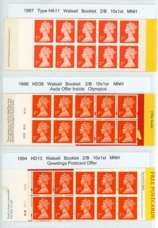 Gb 1994 - 97 Three Walsall 1st Class X 10,  Two Are Cylinder Booklets Fv £21.  00