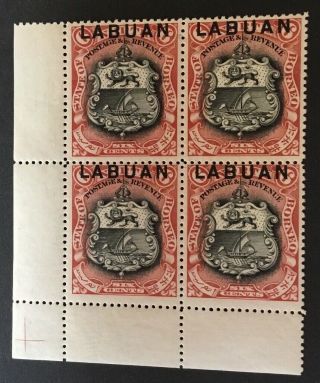 Labuan 1897 Block Of 4 6 Cent Brown Lake Perf 13 1/2 Stamps With Margin Mnh