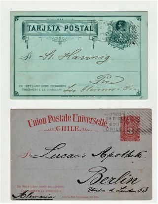 Chile.  1904.  2 Postal Stationery Postcards.  1 X 3c To Germany.  1 X 1c Local? Fu
