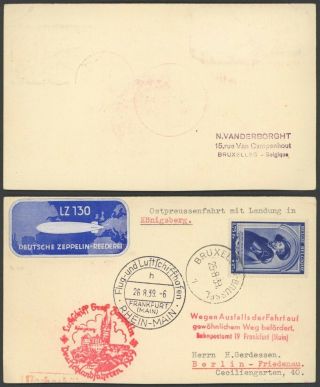 Belgium 1939 - Zeppelin Flight Air Mail Postcard Frankfurt E31