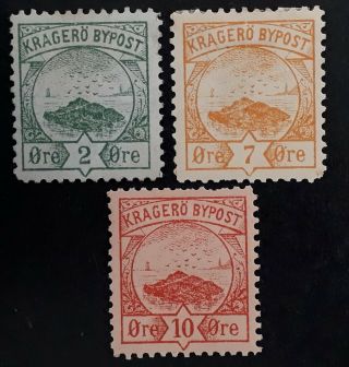 Rare 1886 - Norway Lof Of 3 Kragero Bypost Stamps