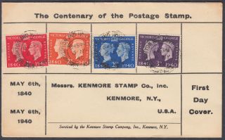 1940 Stamp Centenary 4 Values Kenmore Stamp Co Fdc; Brighton & Hove Cds