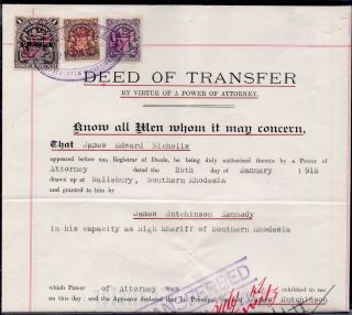 1915 Deed Of Transfer Revenue.  £1 Purple Arms Rhodesia,  3s.  & 5s.  Small Arms.