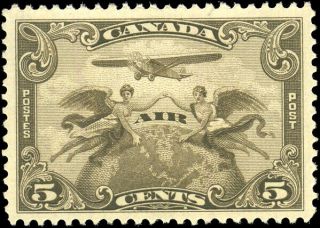Canada C1 Vf Og Nh 1928 Airmail 5c Brown Olive Two Winged Figures/globe