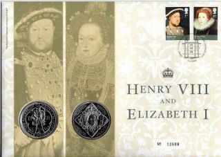 The Great Tudors Fdc 21 - 4 - 09 London Shs,  2 Brilliant Unc Gb £5 Coins F16