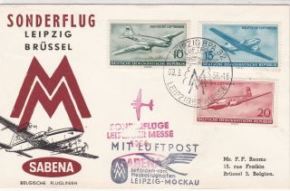 Ddr 1956 Special Flight Leipzig - Brussels Sabena Slogan Stamps Cover Ref 26595