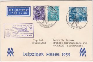 Ddr 1955 Leipzig Trade Fair Leipzig - Moscow Plane Slogan Stamps Cover Ref 26601