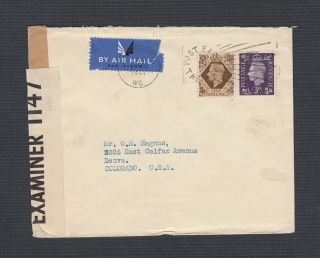 Uk 1941/2 Three Wwii Censored Airmail Covers London To Denver Colorado Usa