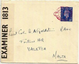 Admiralty Whitehall Rare Red Postmark Kgvi 2½d Cover To Fortress Hq Malta Ww2