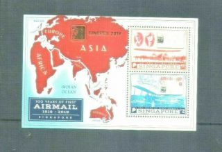 Singapore 100 Years Of First Airmail Ms With 2019 Singpex Overprt