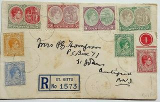 St.  Kitts Nevis 1940 Registered Cover With 8 Stamps To Antigua