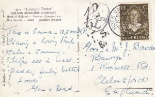 R 2466 Hoek Van Holland 1949 Postcard To Uk,  Sh Perfin T Marks,  Koningen Emma