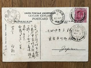 China Ceylon Old Postcard Palms Colombo Singapore Hongkong To Japan 1909