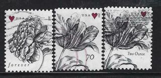 Us Sc 4959 - 60 5002 Vintage Rose & Tulips 3 Stamps Off Paper Sound