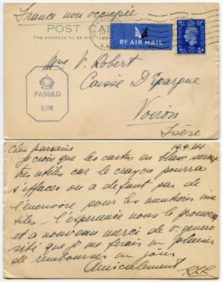 Gb To France Censored Airmail Postcard South Kensington To Isere 1941