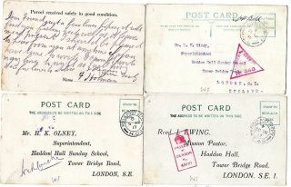 1915/17 4 Printed Parcel Cards Western Front Fpos Mission Pastor In London Ww1