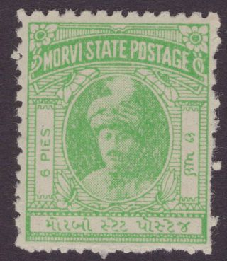 India Feud Morvi 1935 - 48 Sg17a 6p Emerald - Green Rough P.  11 Vlmm Cv£15