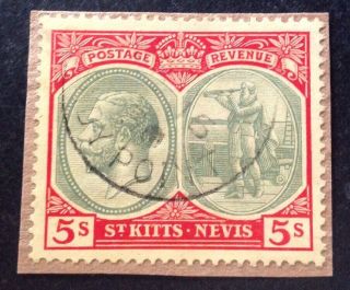 St Kitts & Nevis 1920 - 29 5 Shilling Green & Red Yellow Stamp On Piece Vfu
