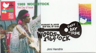 Woodstock 1969,  2019 Stamp,  Fdc,  First Day Cover,  Jimi Hendrix Waving,  Romp Cachets