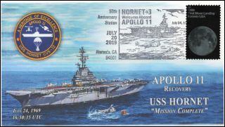19 - 119,  2019,  Apollo 11 Moon Landing,  Pictorial Postmark,  Uss Hornet,  Recovery,