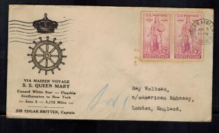 1936 Usa Ss Queen Mary Maiden Voyage Cancel Illustrated Cover To England Embassy