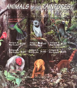 Antigua Animals Of The Rainforest Stamp Sheet 2000 Mnh Sloth Monkey Bird Eagle