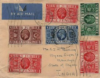 1935 Kgv Multi - Stamped Air Mail Cover To Mandya India