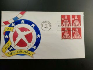 C72 1968 10c Block Airmail Us Fdc Dyer Hand Painted Cachet