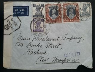 Scarce 1944 India Censor Airmail Cover Ties 4 Kgvi Stamps Canc Karachi To Usa
