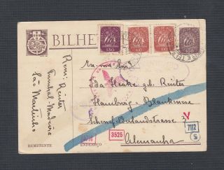 Portugal 1943 Wwi Chemical Censored Postal Stationery Card To Hamburg Germany