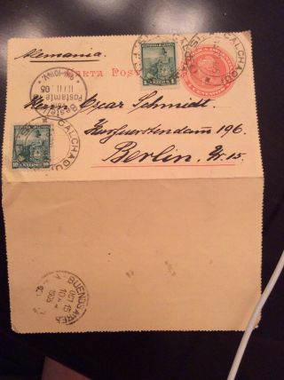Argentina 1905 Postal Card Uprated To Germany With Calchaqui Cancellation