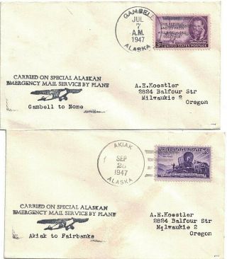 1947 Akiak & Gambell,  Alaska 4 - Bar Cancels On Emergency Airmail Covers W Cachets