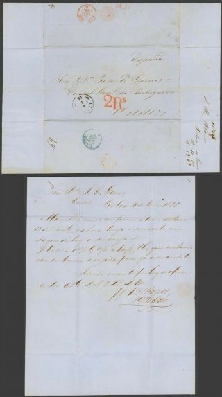 Portugal 1855 - Stampless Cover Lisbon To Cadiz Spain 32732/5